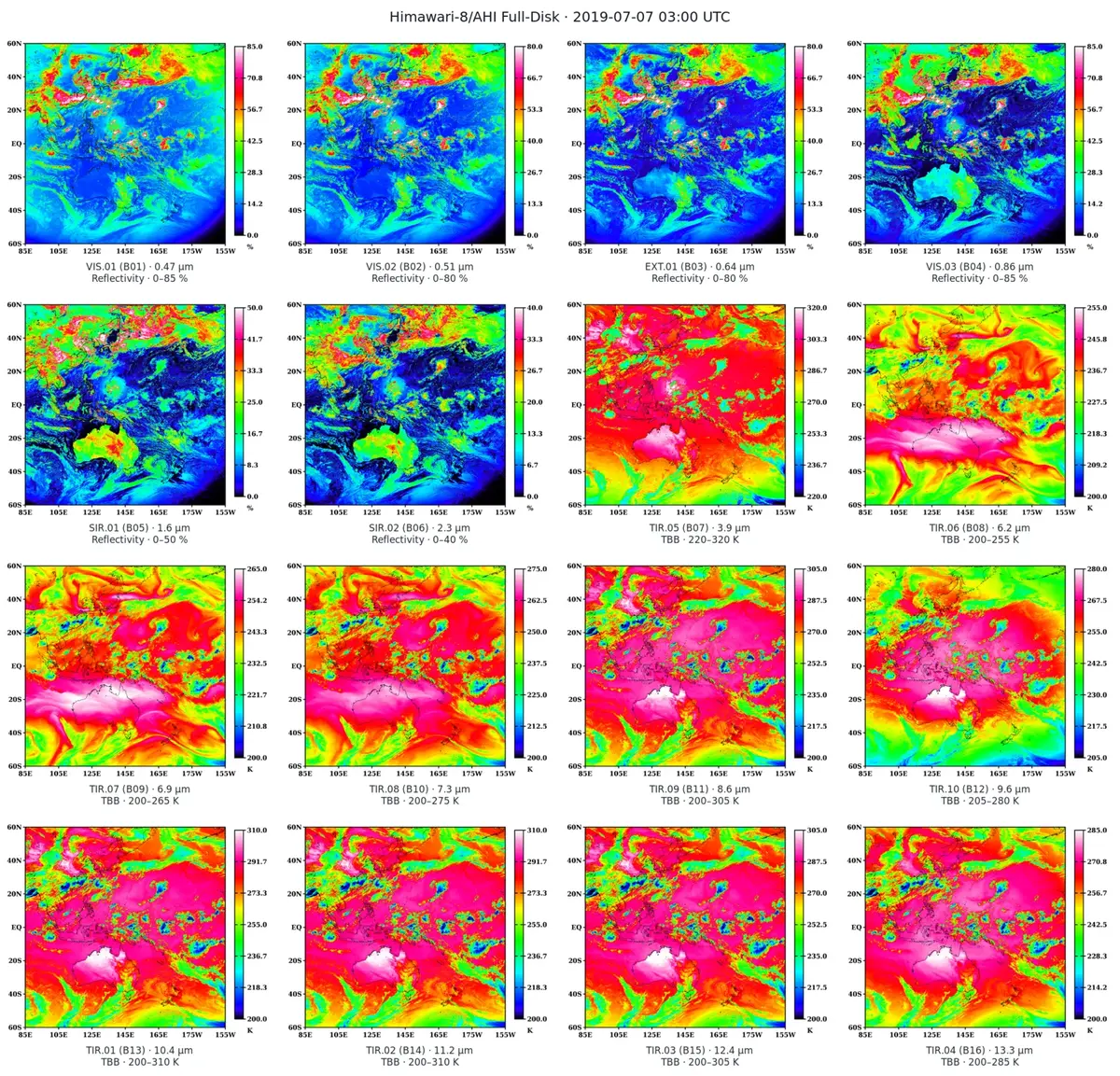 Overview of all 16 Himawari-8 AHI bands