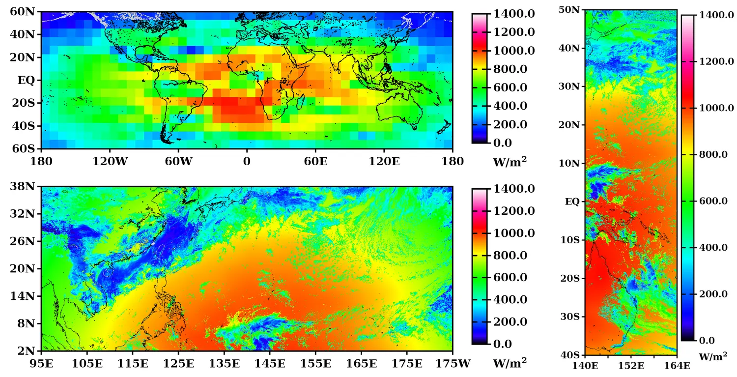Examples rendered by Tmap from a 48×16 global grid, a 2250×900 wide grid, and a 600×2250 narrow grid