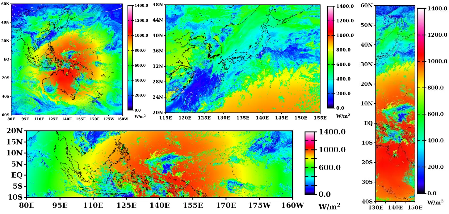 Solar radiation maps of the AMATERASS domain, East Asia, and wide and narrow regions rendered by Tmap